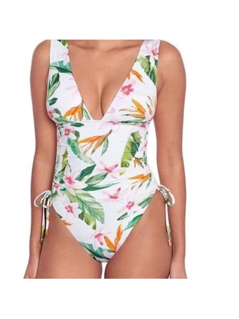 New Lauren Ralph Lauren Shirred Plunge-Neck Swimsuit Pastel Floral Classic SZ 12